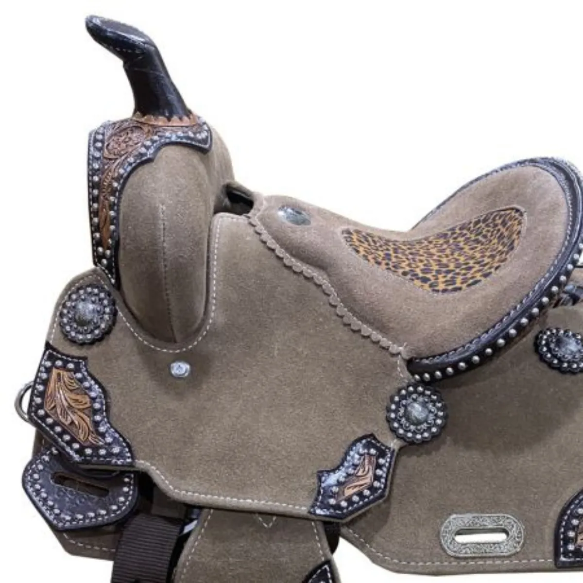 12" DOUBLE T ROUGH OUT BARREL STYLE SADDLE WITH CHEETAH PRINTED INLAY