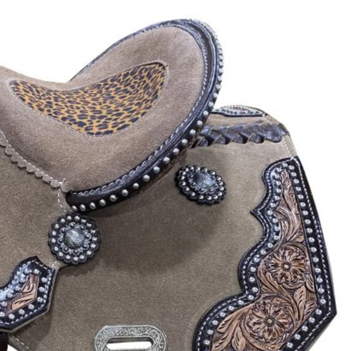 12" DOUBLE T ROUGH OUT BARREL STYLE SADDLE WITH CHEETAH PRINTED INLAY