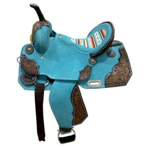 15" DOUBLE T   TEAL ROUGH OUT BARREL STYLE SADDLE WITH SOUTHWEST PRINTED INLAY