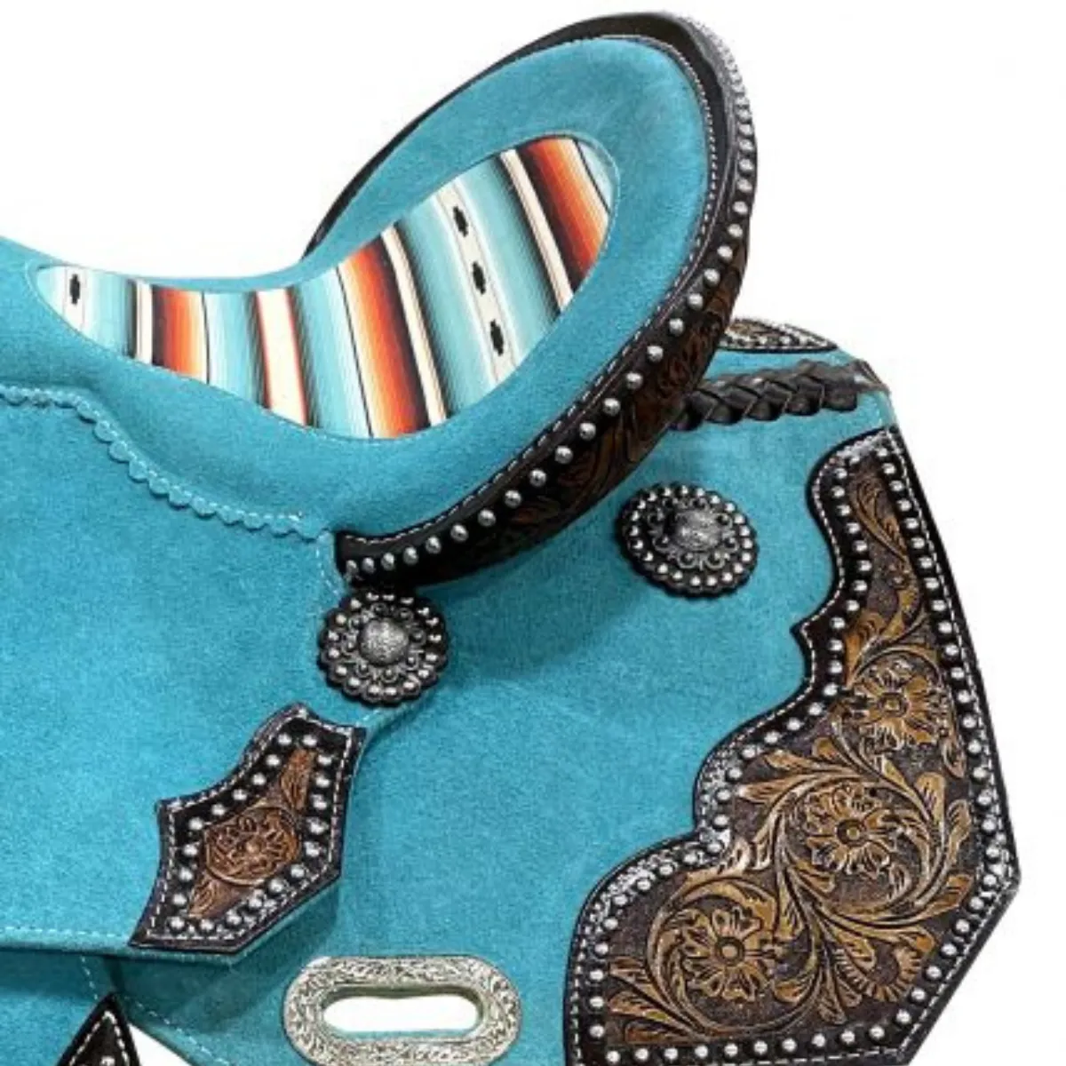 15" DOUBLE T   TEAL ROUGH OUT BARREL STYLE SADDLE WITH SOUTHWEST PRINTED INLAY
