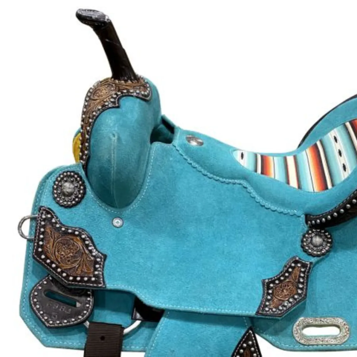 15" DOUBLE T   TEAL ROUGH OUT BARREL STYLE SADDLE WITH SOUTHWEST PRINTED INLAY