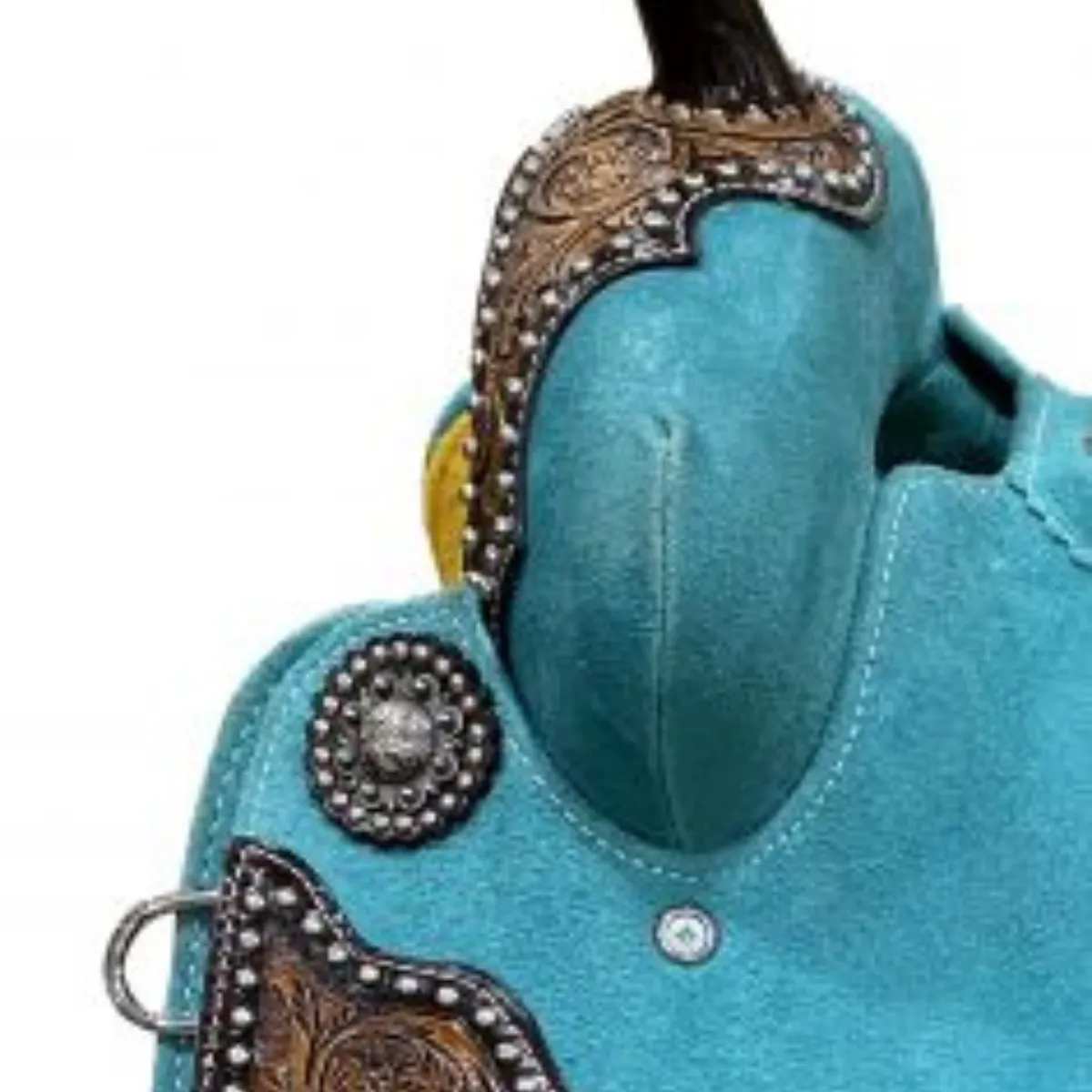 15" DOUBLE T   TEAL ROUGH OUT BARREL STYLE SADDLE WITH SOUTHWEST PRINTED INLAY