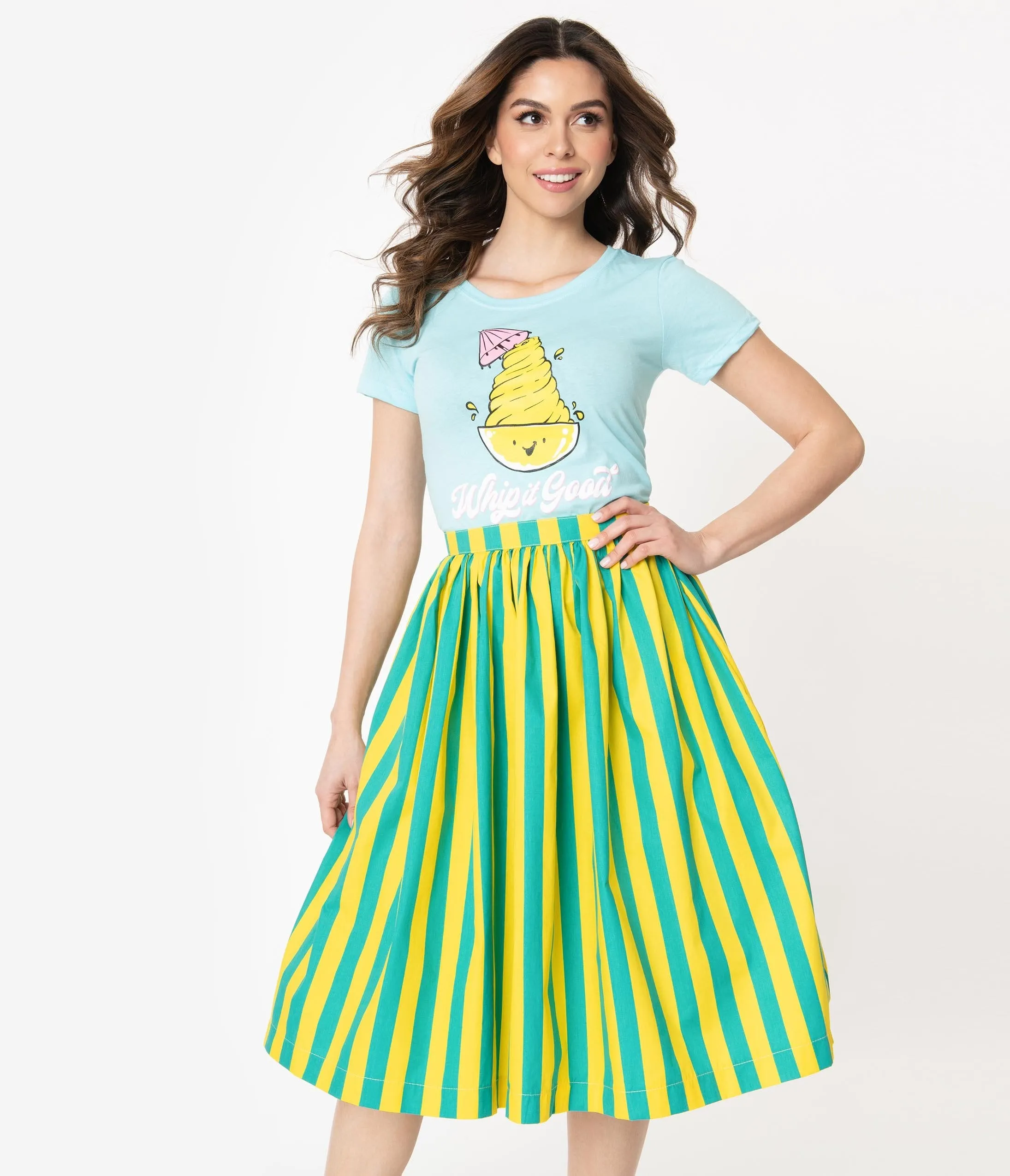 1950s Style Green & Yellow Stripe Swing Skirt
