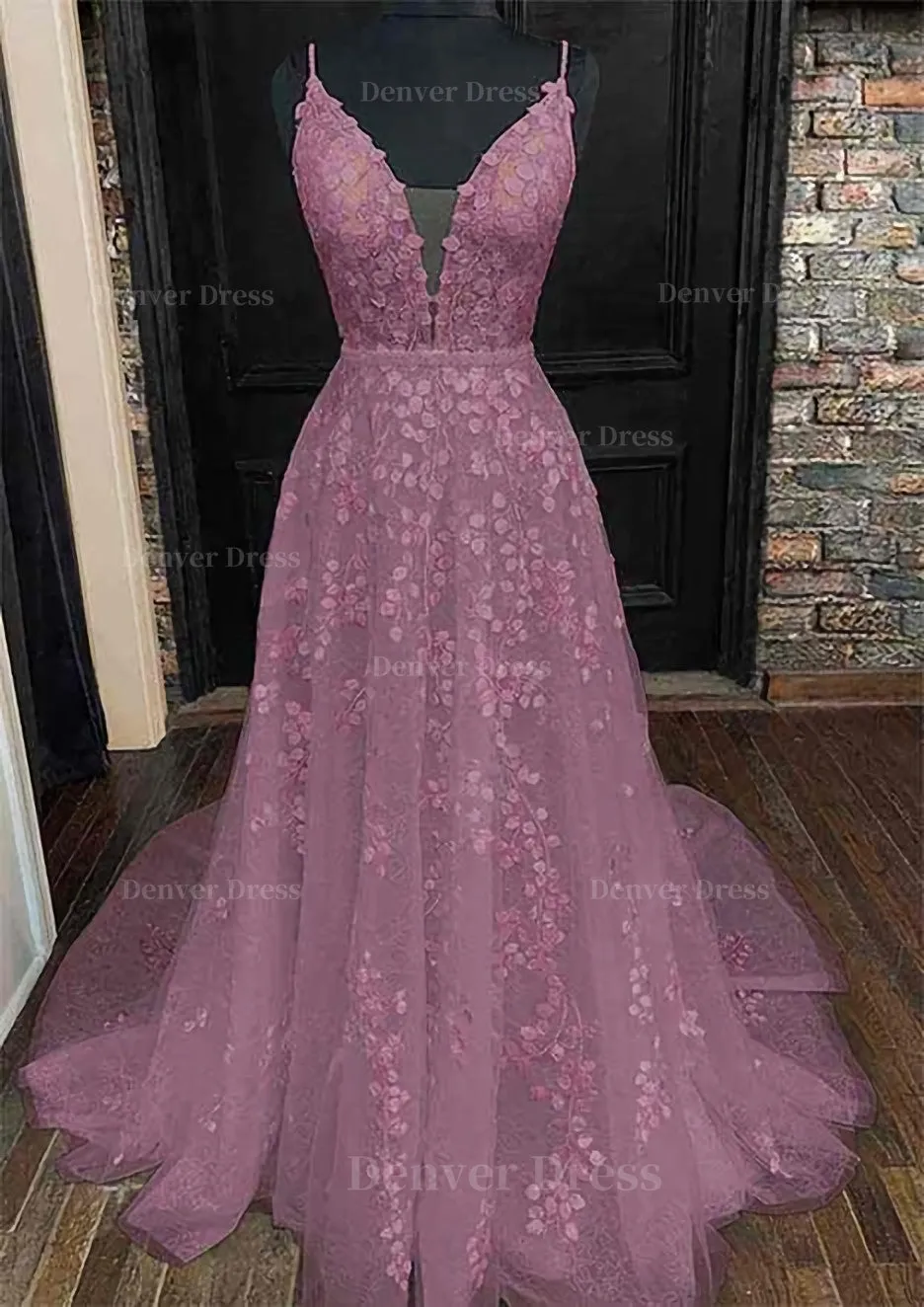 A-line V Neck Sleeveless Lace Court Train Prom Dress With Pleated