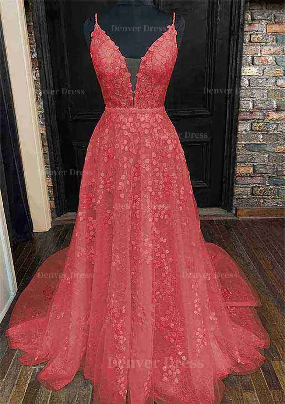 A-line V Neck Sleeveless Lace Court Train Prom Dress With Pleated