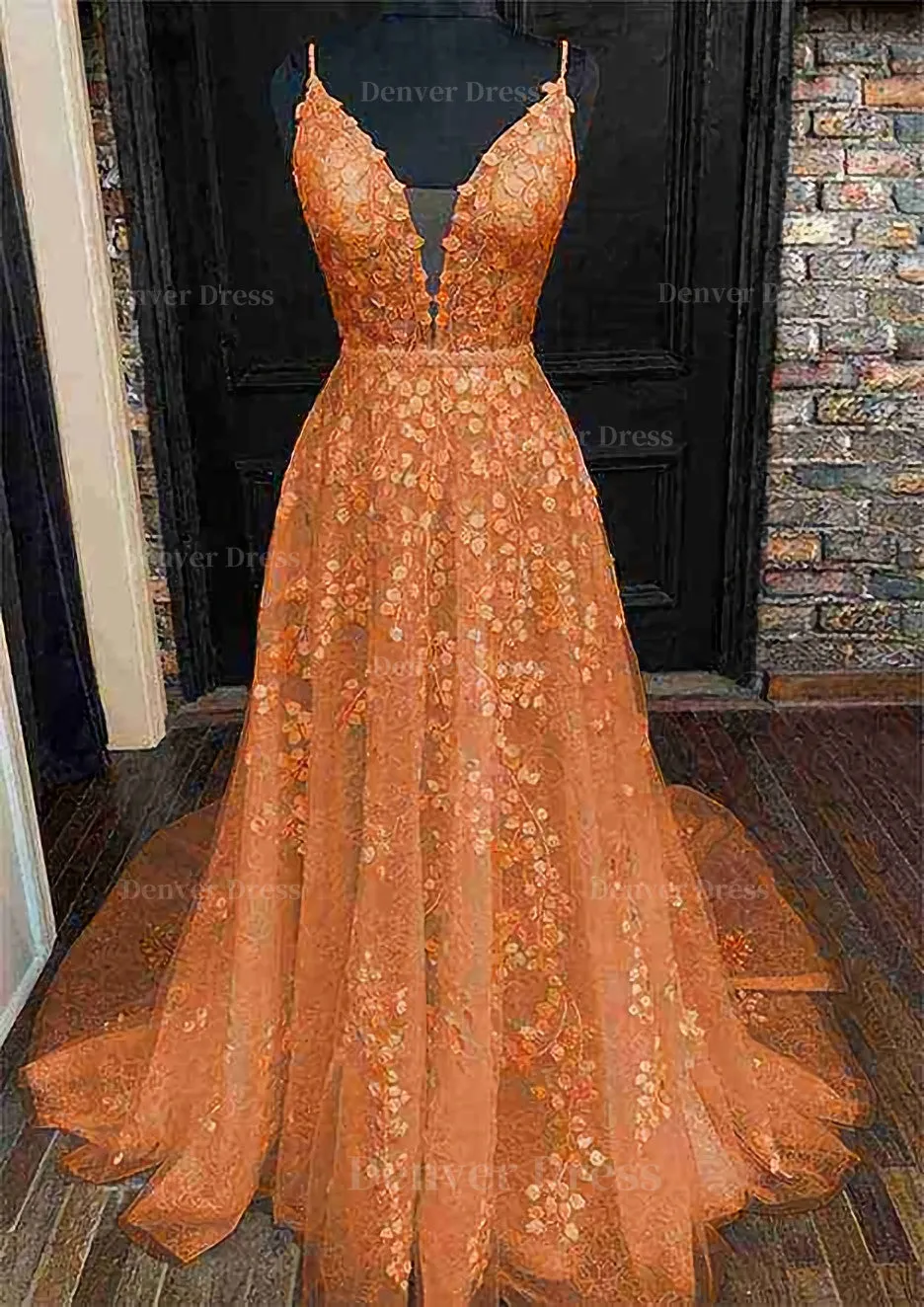 A-line V Neck Sleeveless Lace Court Train Prom Dress With Pleated