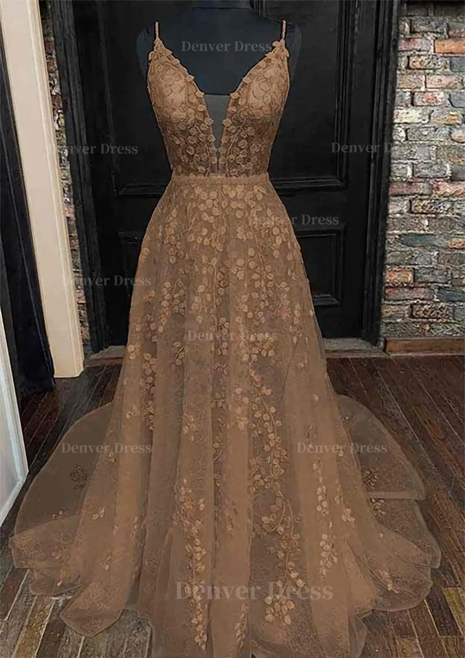 A-line V Neck Sleeveless Lace Court Train Prom Dress With Pleated