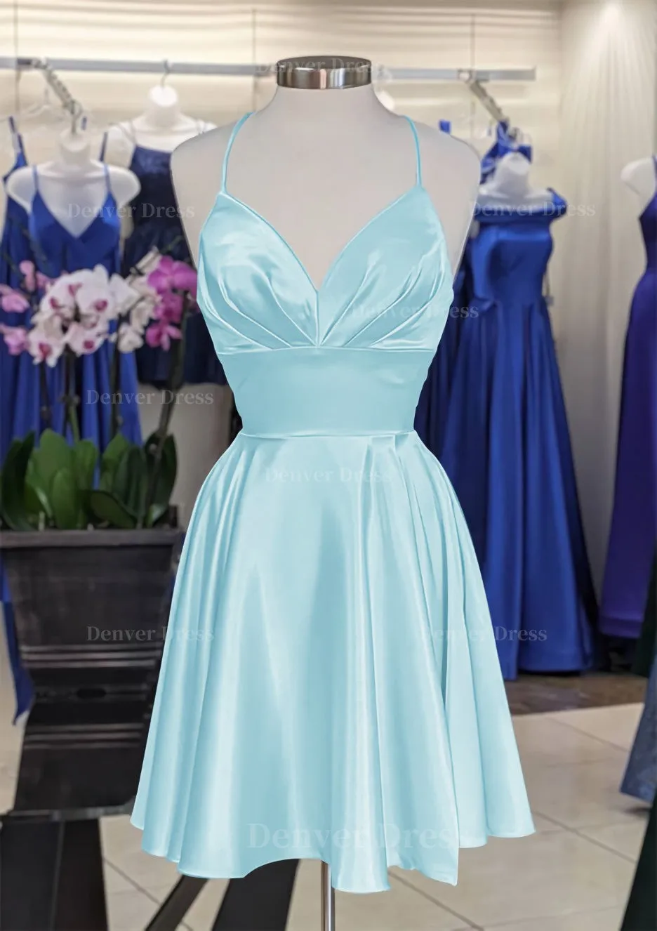 A-line V Neck Sleeveless Short/Mini Charmeuse Homecoming Dress with Pleated