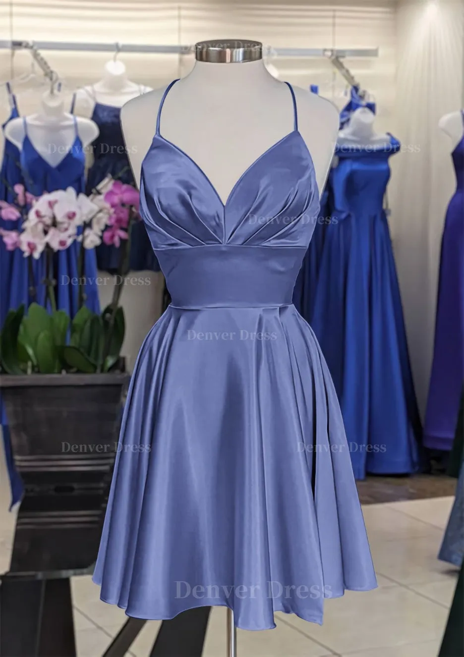 A-line V Neck Sleeveless Short/Mini Charmeuse Homecoming Dress with Pleated