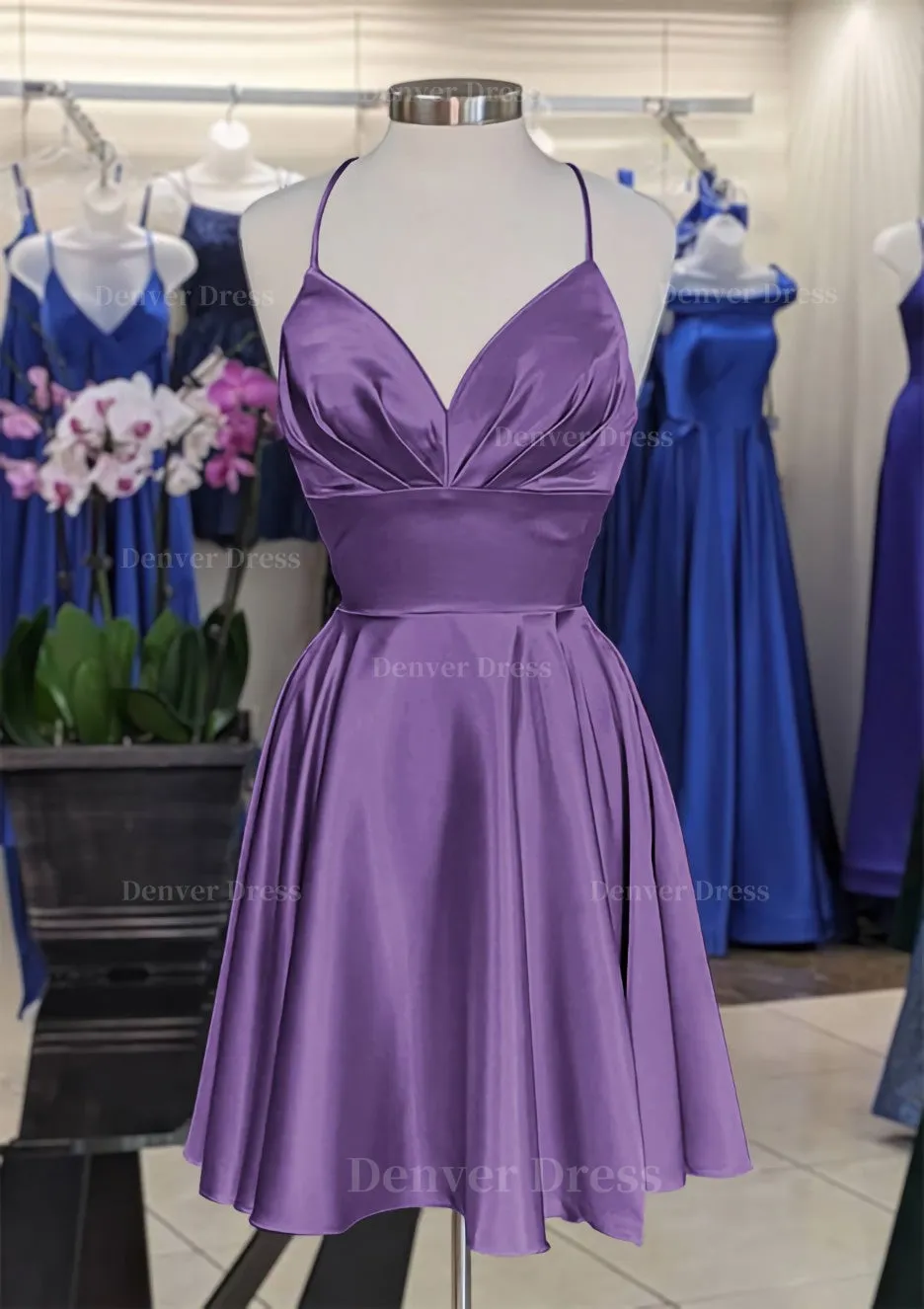 A-line V Neck Sleeveless Short/Mini Charmeuse Homecoming Dress with Pleated