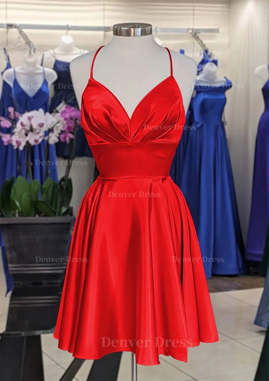 A-line V Neck Sleeveless Short/Mini Charmeuse Homecoming Dress with Pleated