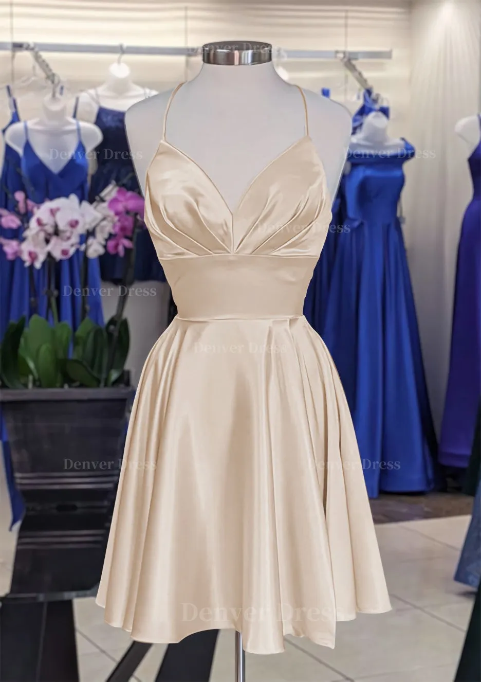 A-line V Neck Sleeveless Short/Mini Charmeuse Homecoming Dress with Pleated