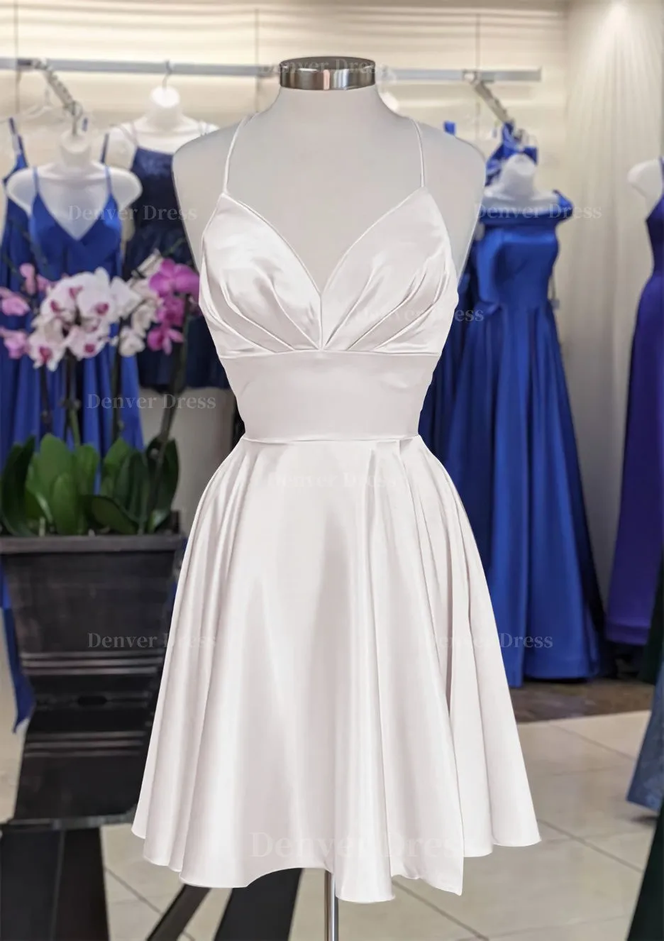 A-line V Neck Sleeveless Short/Mini Charmeuse Homecoming Dress with Pleated