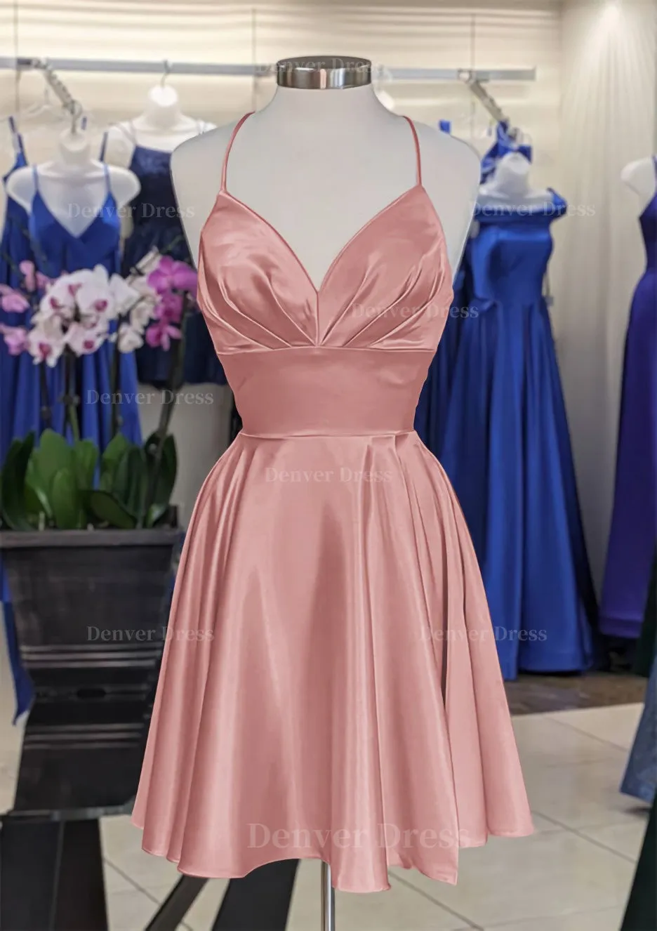 A-line V Neck Sleeveless Short/Mini Charmeuse Homecoming Dress with Pleated