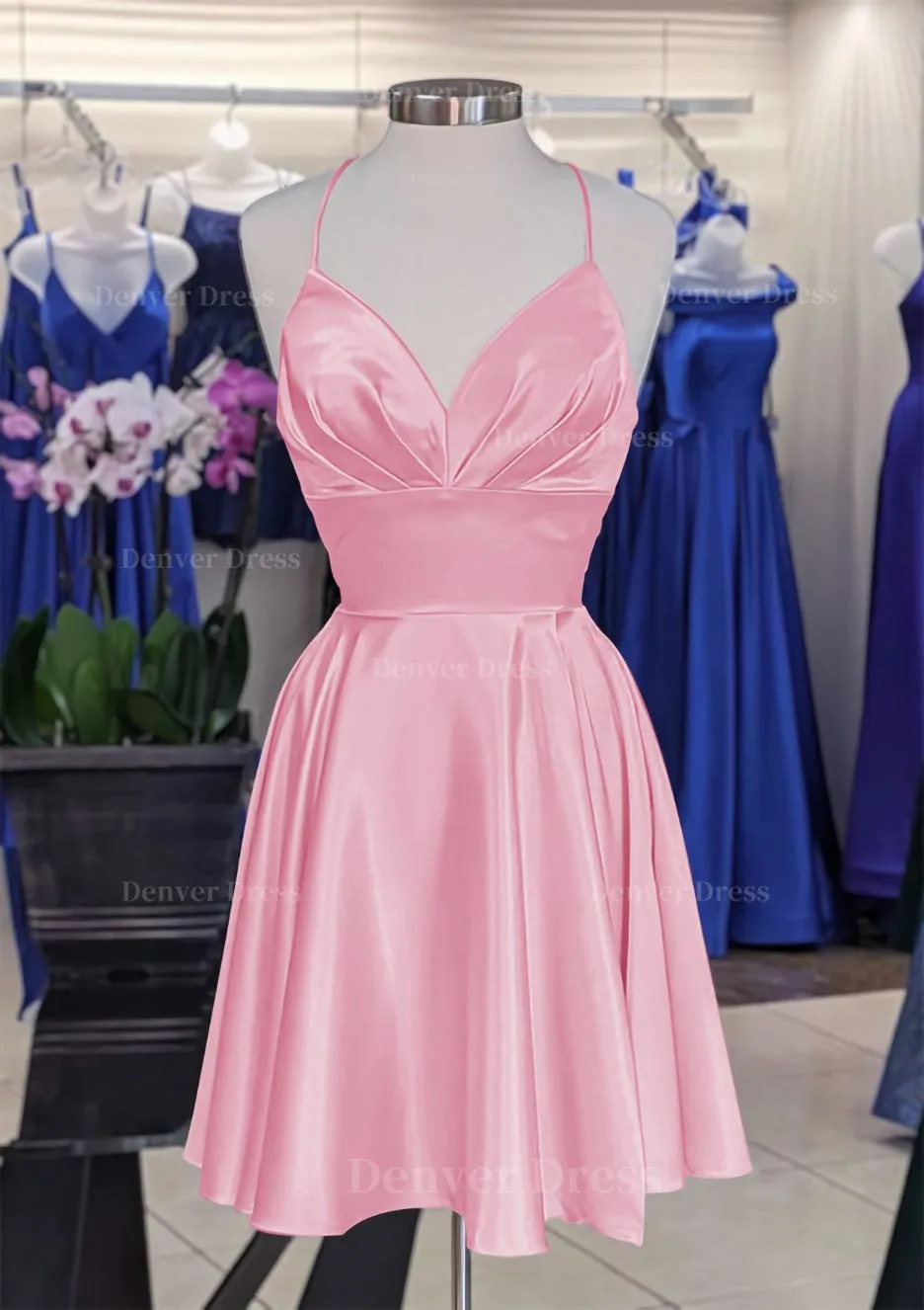 A-line V Neck Sleeveless Short/Mini Charmeuse Homecoming Dress with Pleated