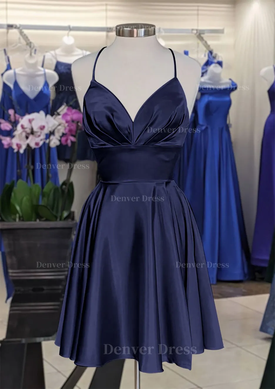 A-line V Neck Sleeveless Short/Mini Charmeuse Homecoming Dress with Pleated
