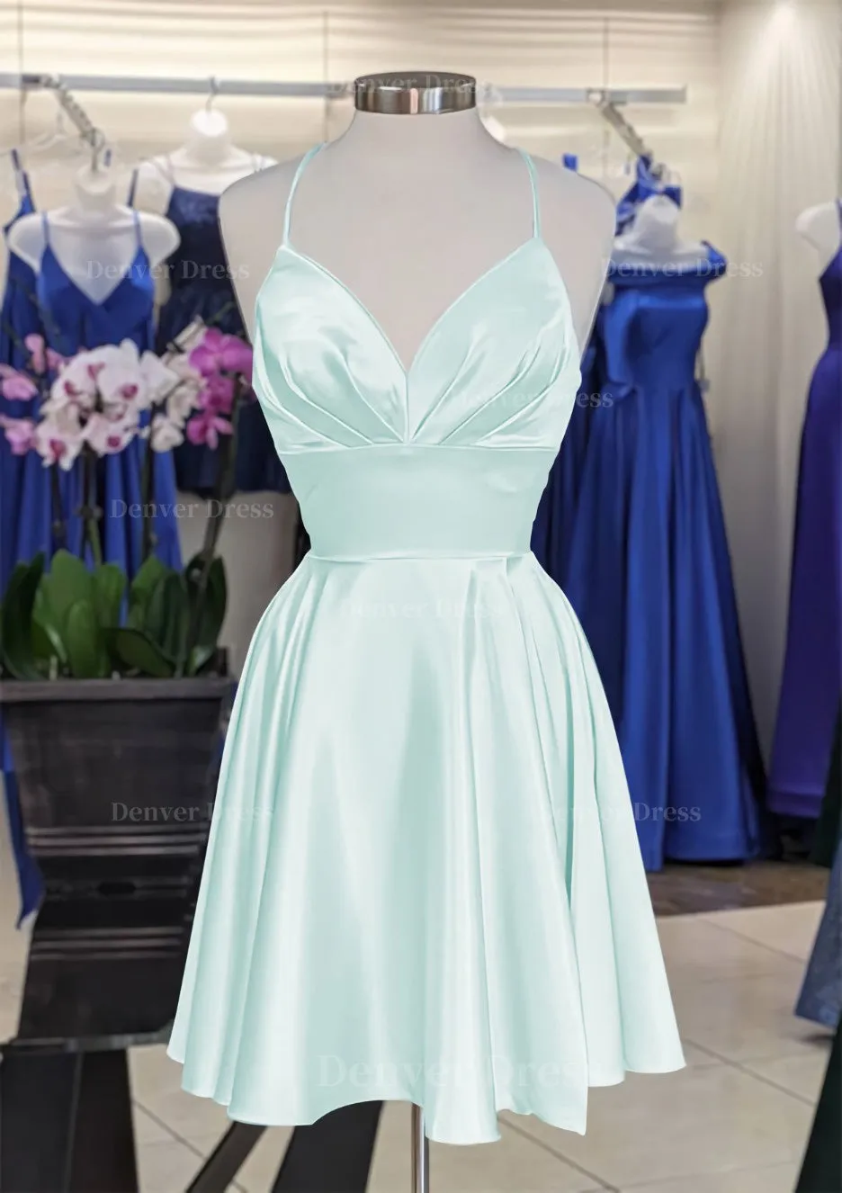 A-line V Neck Sleeveless Short/Mini Charmeuse Homecoming Dress with Pleated