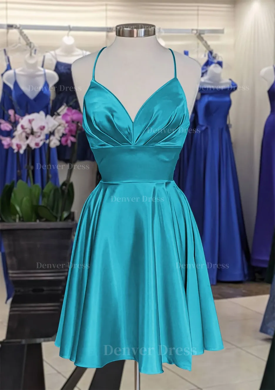 A-line V Neck Sleeveless Short/Mini Charmeuse Homecoming Dress with Pleated