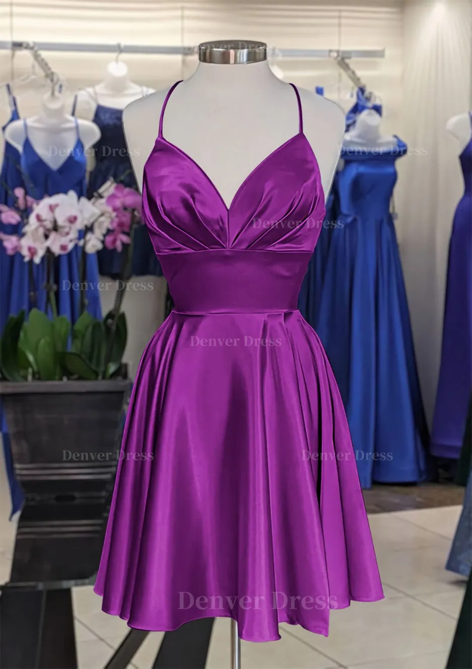 A-line V Neck Sleeveless Short/Mini Charmeuse Homecoming Dress with Pleated
