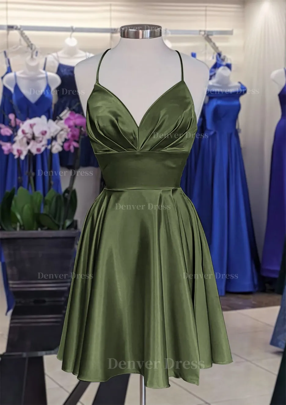 A-line V Neck Sleeveless Short/Mini Charmeuse Homecoming Dress with Pleated