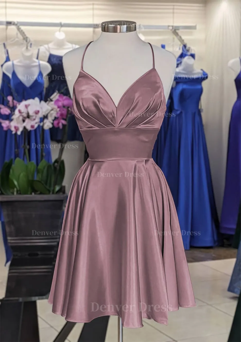 A-line V Neck Sleeveless Short/Mini Charmeuse Homecoming Dress with Pleated