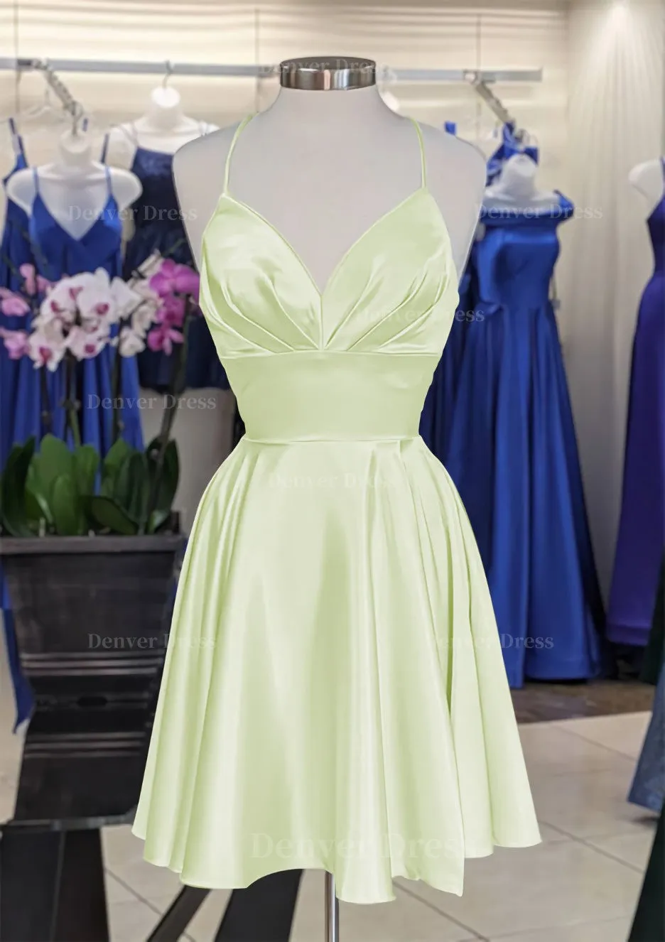 A-line V Neck Sleeveless Short/Mini Charmeuse Homecoming Dress with Pleated