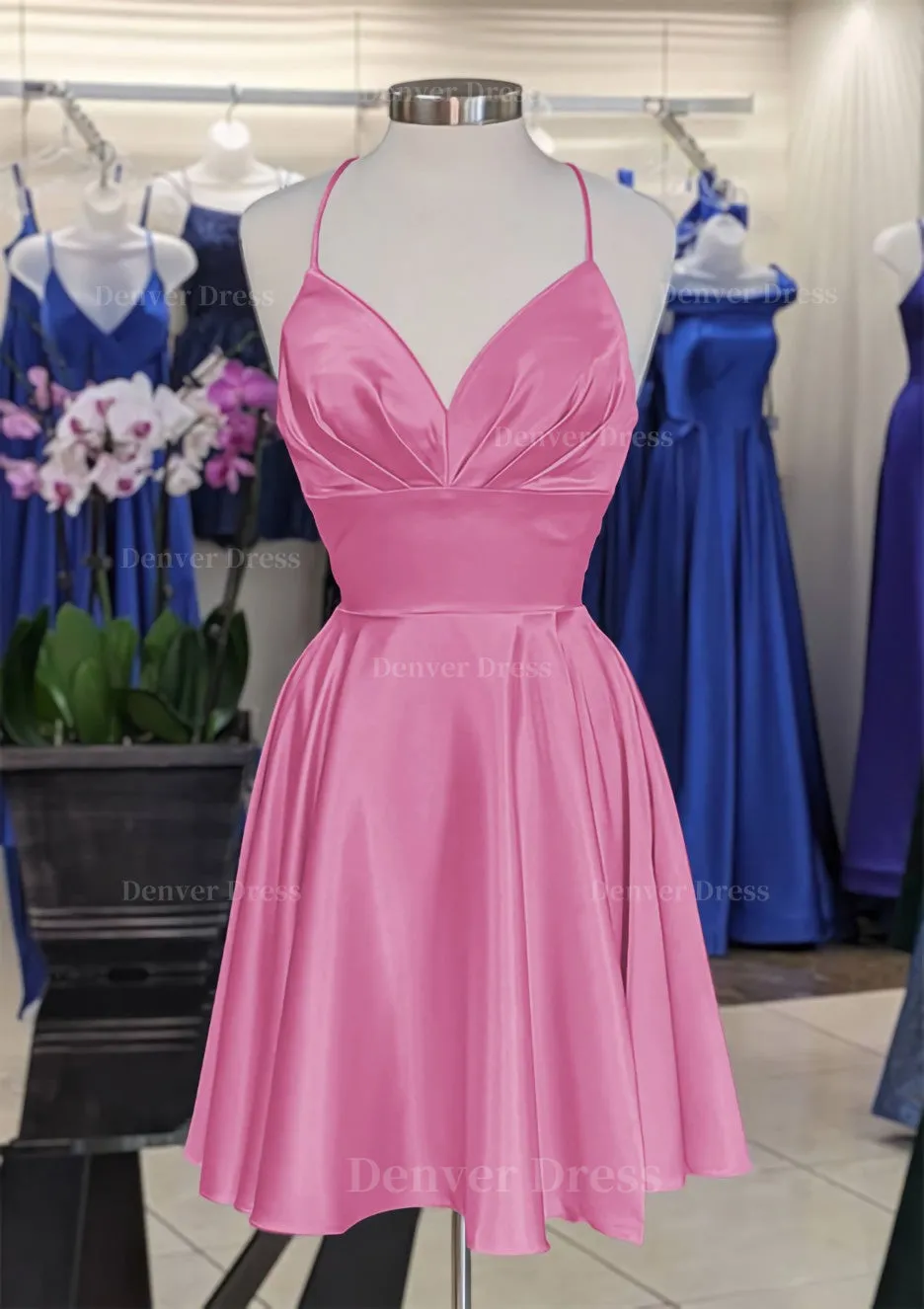 A-line V Neck Sleeveless Short/Mini Charmeuse Homecoming Dress with Pleated