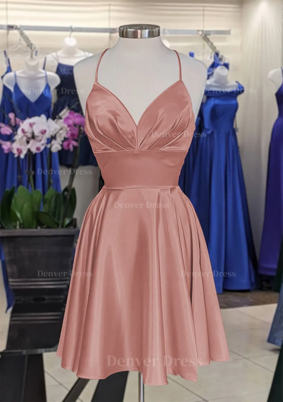 A-line V Neck Sleeveless Short/Mini Charmeuse Homecoming Dress with Pleated