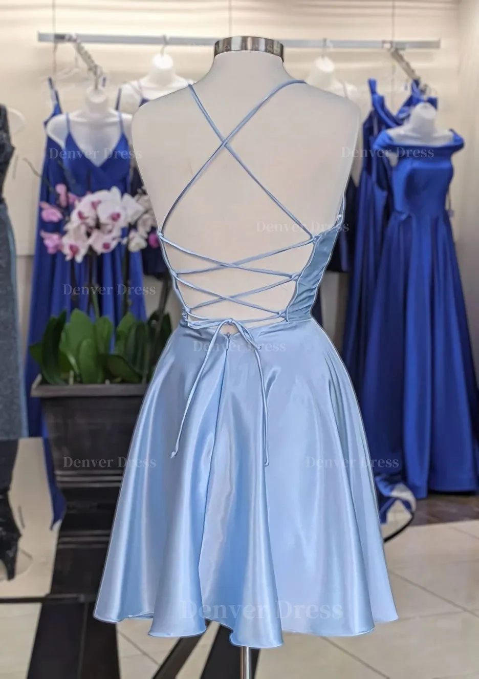A-line V Neck Sleeveless Short/Mini Charmeuse Homecoming Dress with Pleated