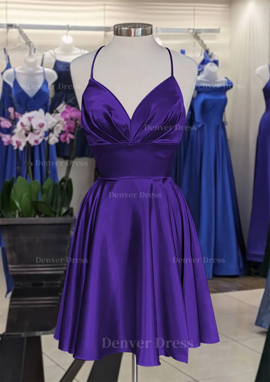 A-line V Neck Sleeveless Short/Mini Charmeuse Homecoming Dress with Pleated
