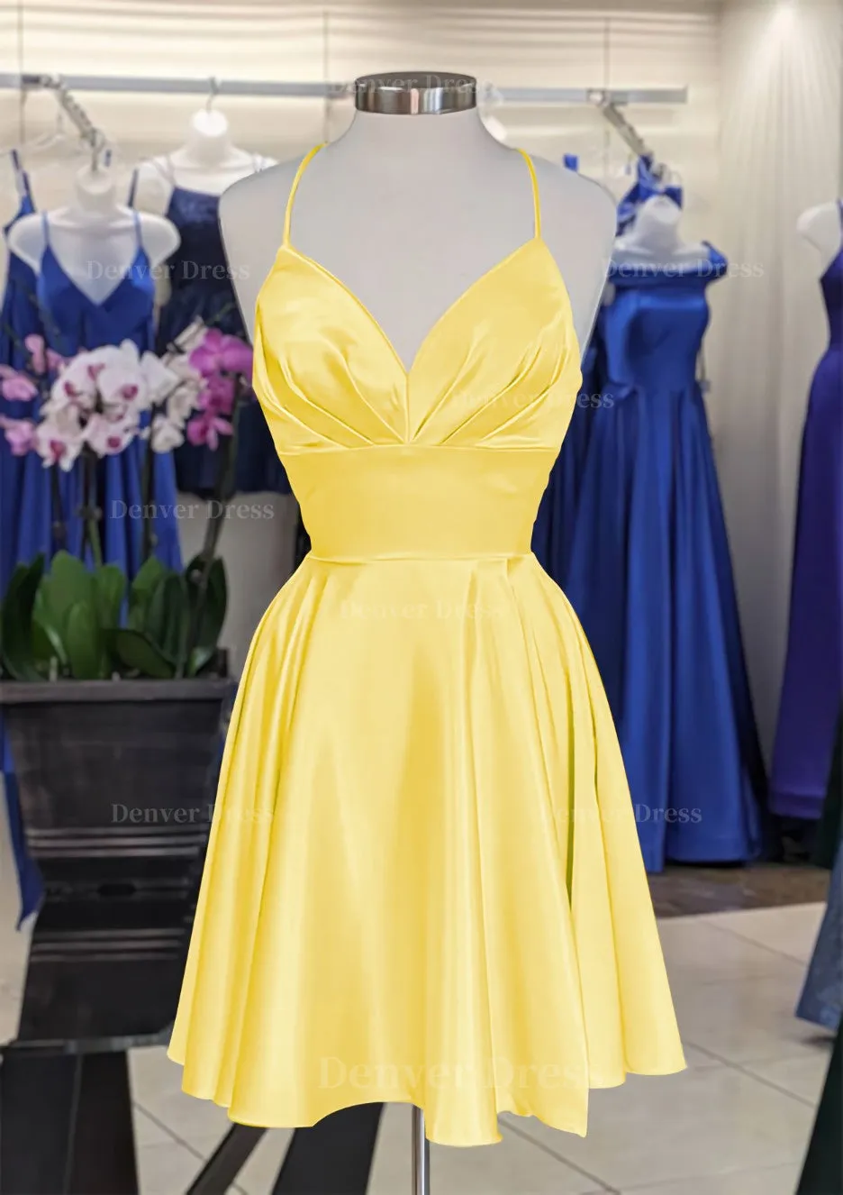 A-line V Neck Sleeveless Short/Mini Charmeuse Homecoming Dress with Pleated