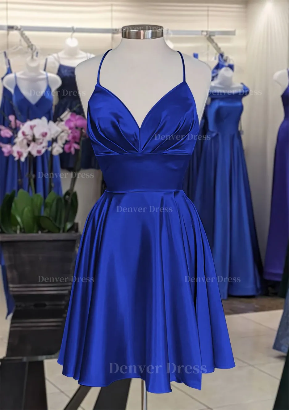 A-line V Neck Sleeveless Short/Mini Charmeuse Homecoming Dress with Pleated