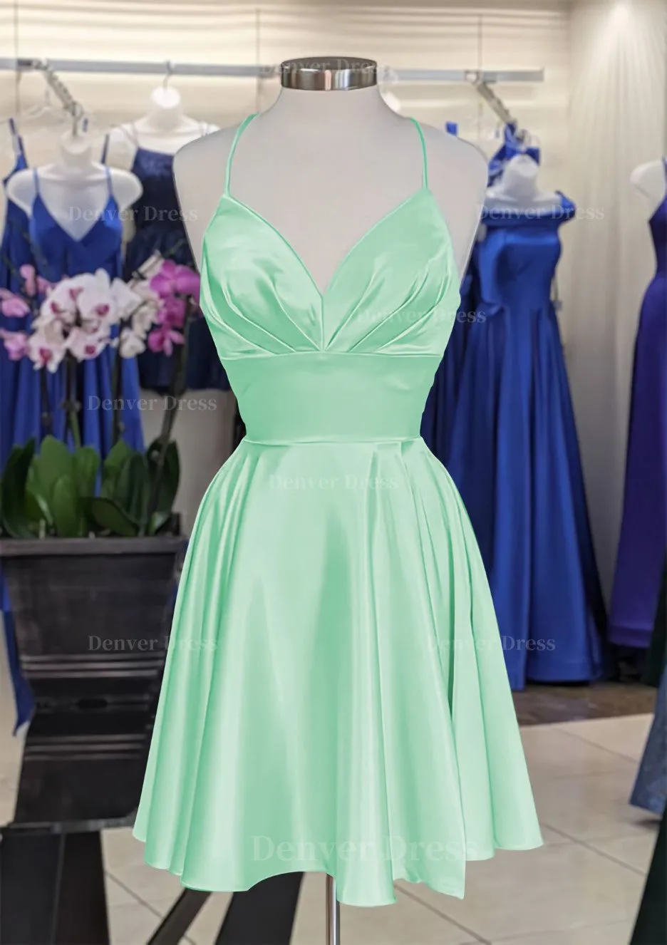 A-line V Neck Sleeveless Short/Mini Charmeuse Homecoming Dress with Pleated