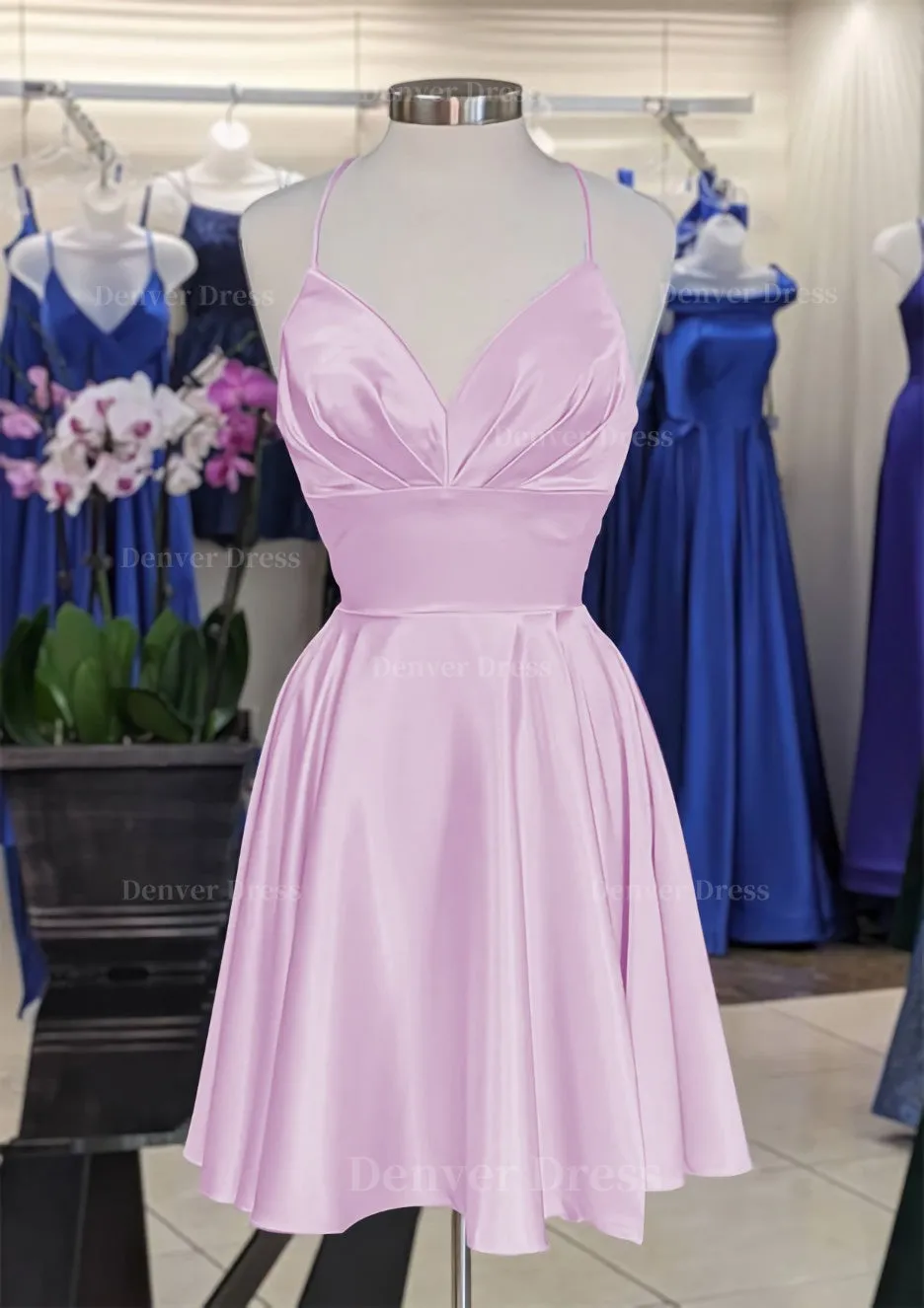A-line V Neck Sleeveless Short/Mini Charmeuse Homecoming Dress with Pleated