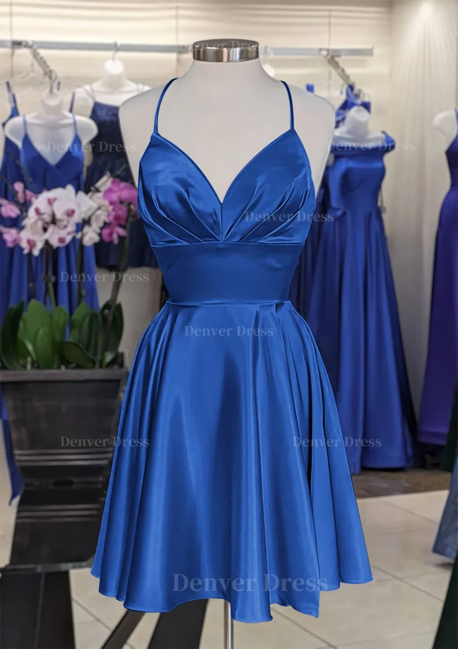 A-line V Neck Sleeveless Short/Mini Charmeuse Homecoming Dress with Pleated