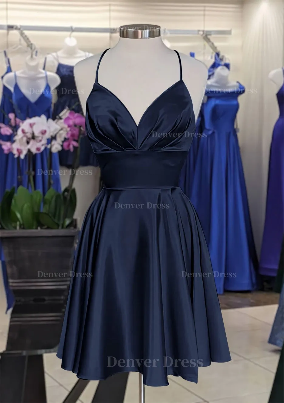 A-line V Neck Sleeveless Short/Mini Charmeuse Homecoming Dress with Pleated