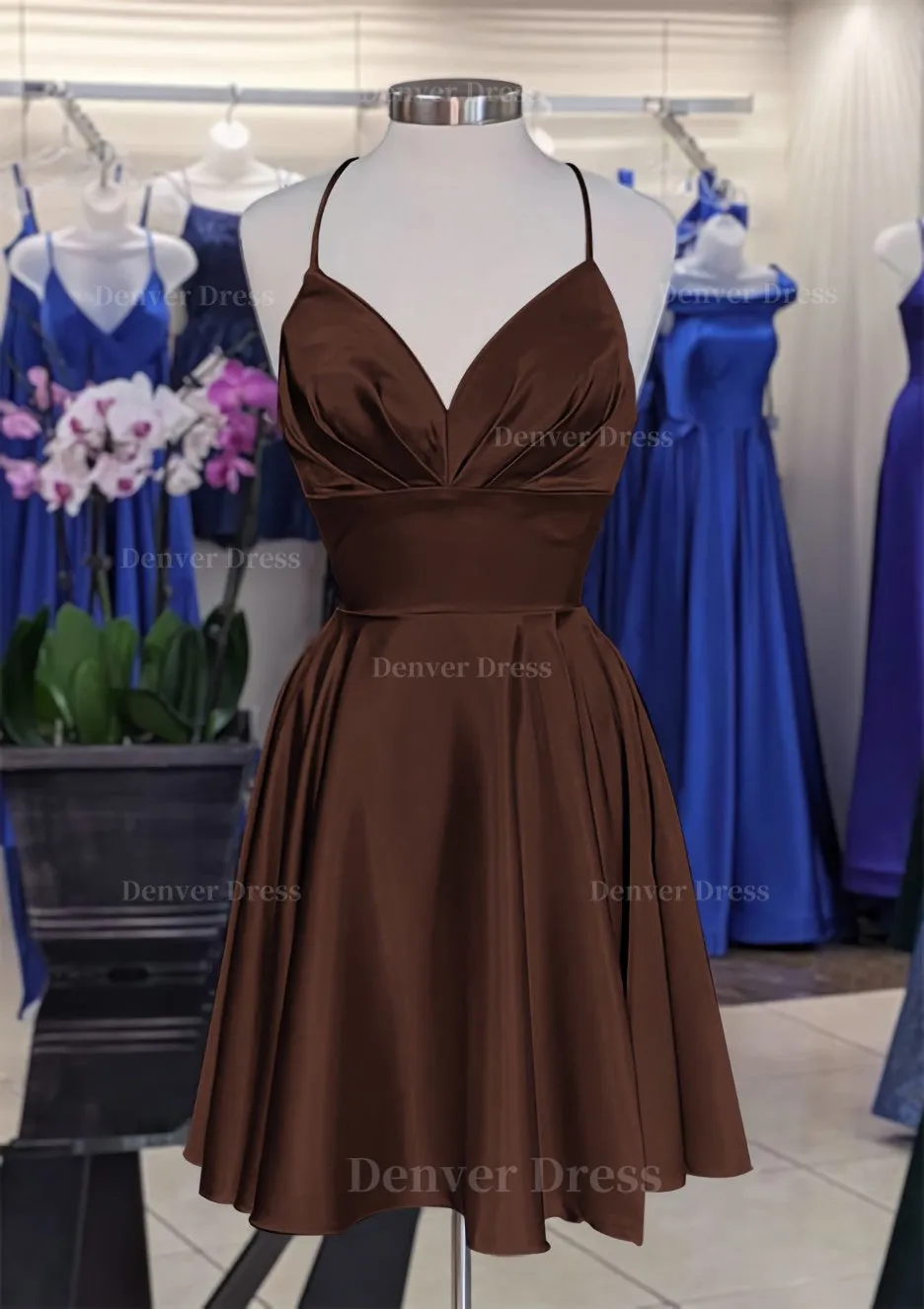 A-line V Neck Sleeveless Short/Mini Charmeuse Homecoming Dress with Pleated