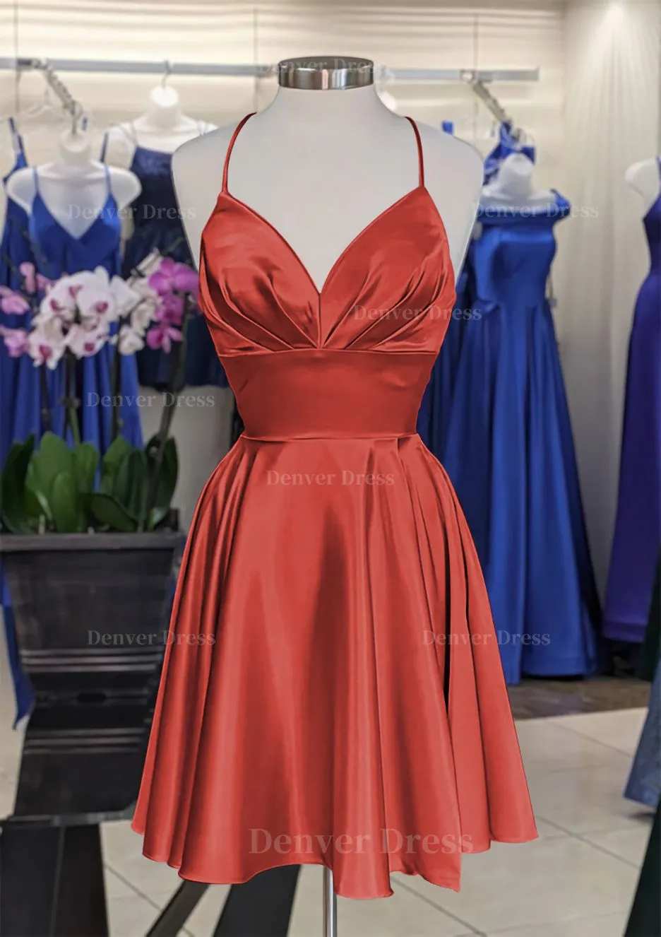A-line V Neck Sleeveless Short/Mini Charmeuse Homecoming Dress with Pleated