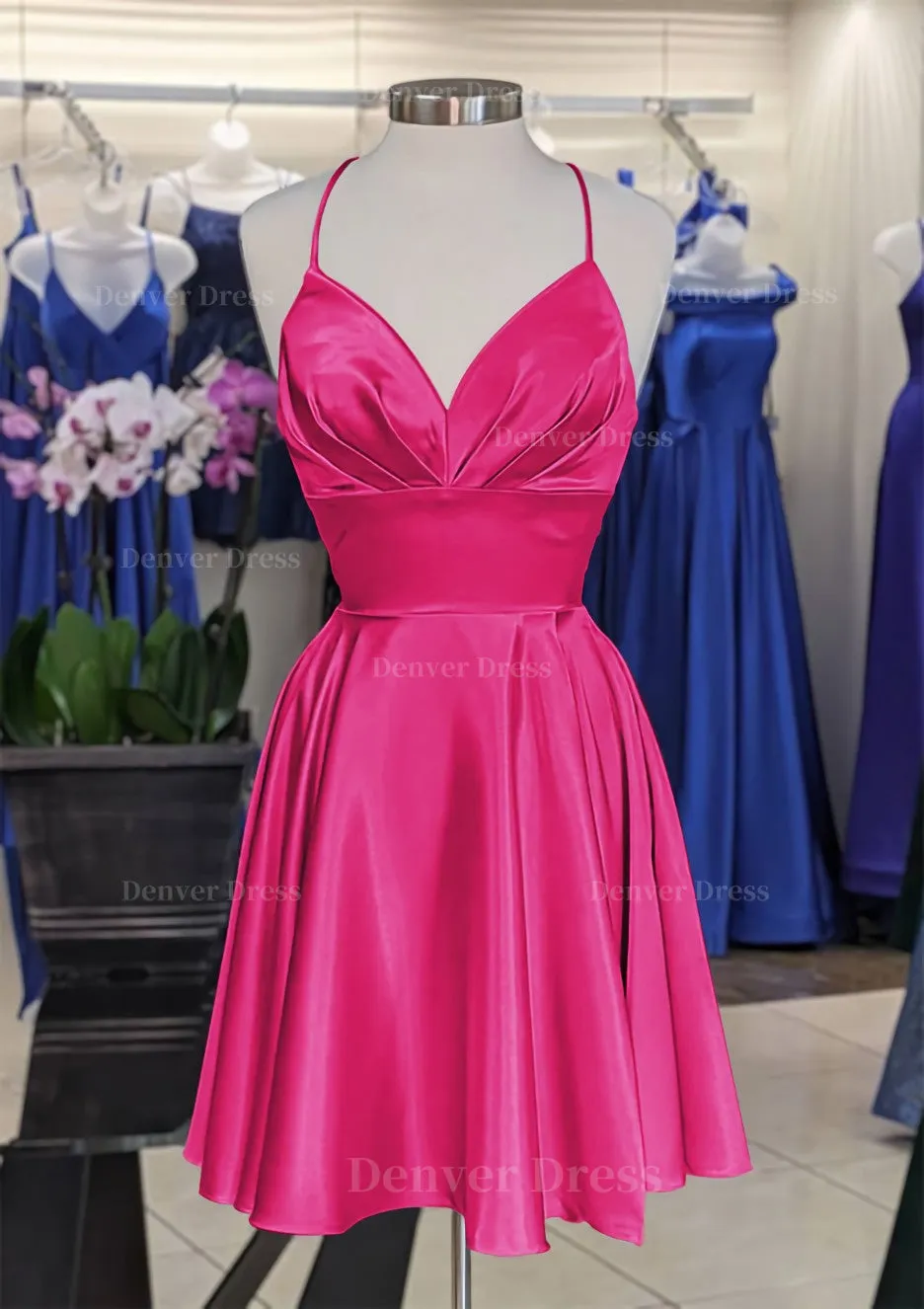 A-line V Neck Sleeveless Short/Mini Charmeuse Homecoming Dress with Pleated