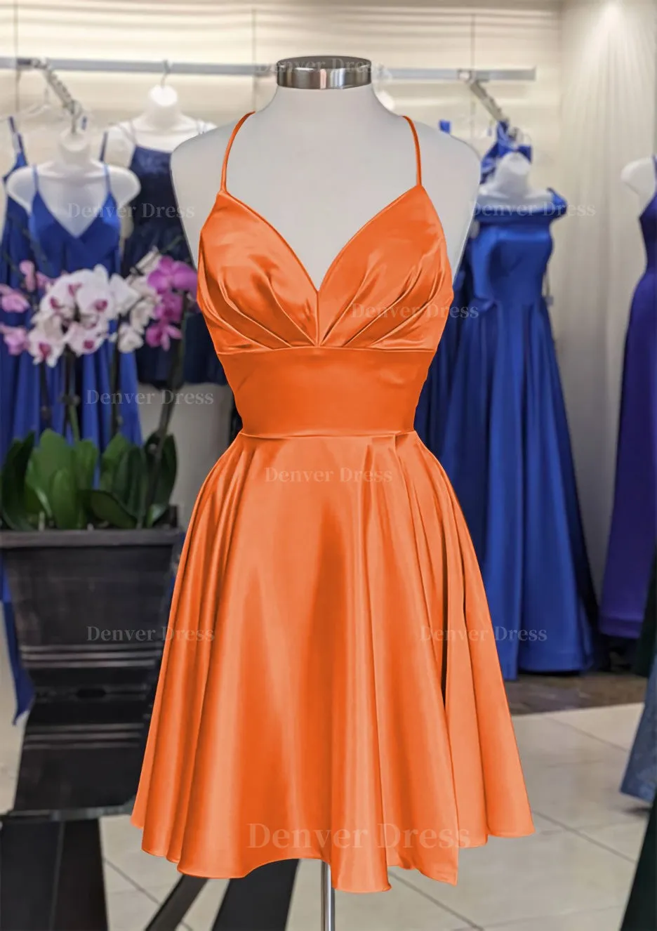 A-line V Neck Sleeveless Short/Mini Charmeuse Homecoming Dress with Pleated