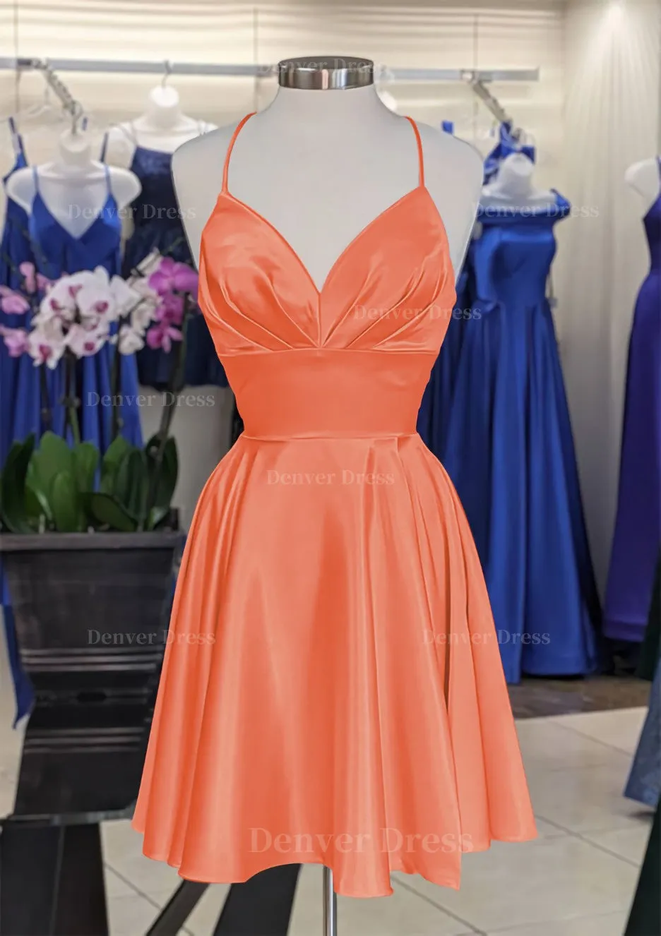 A-line V Neck Sleeveless Short/Mini Charmeuse Homecoming Dress with Pleated