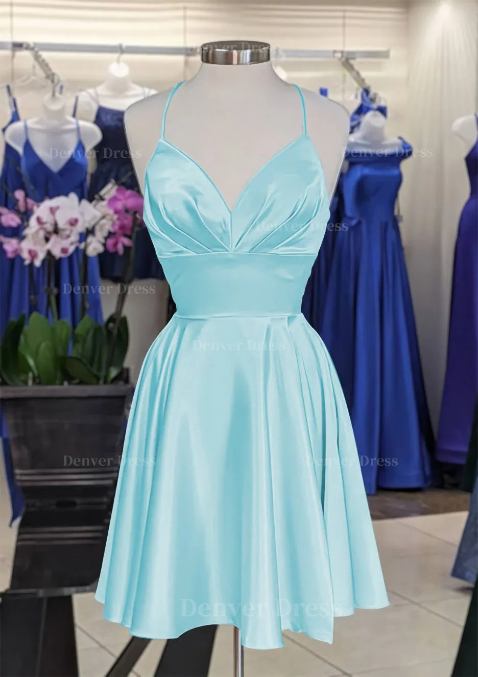 A-line V Neck Sleeveless Short/Mini Charmeuse Homecoming Dress with Pleated