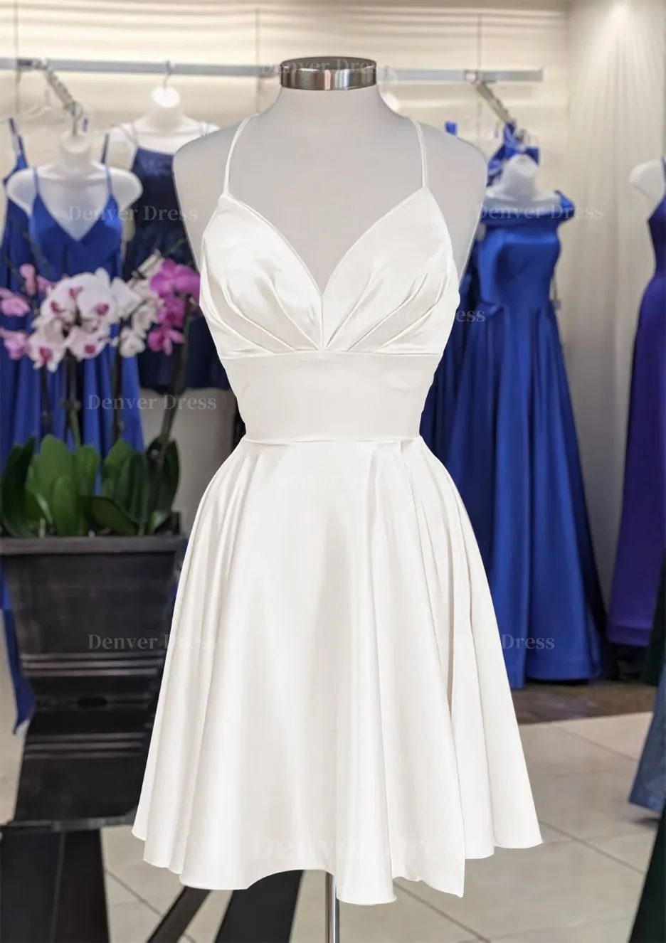 A-line V Neck Sleeveless Short/Mini Charmeuse Homecoming Dress with Pleated