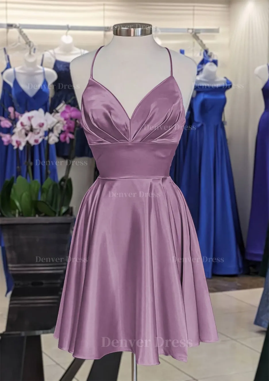A-line V Neck Sleeveless Short/Mini Charmeuse Homecoming Dress with Pleated