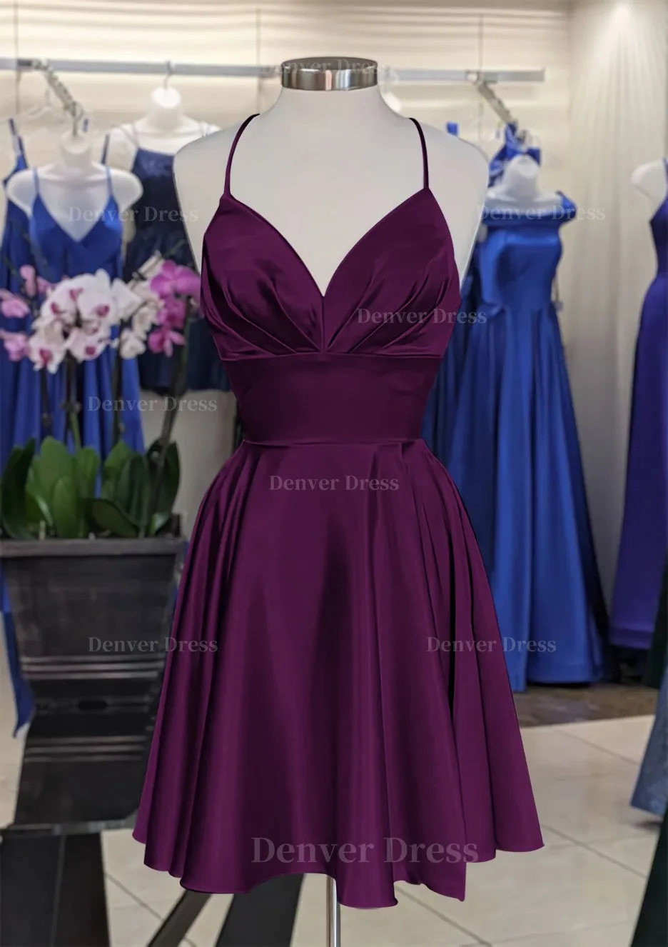 A-line V Neck Sleeveless Short/Mini Charmeuse Homecoming Dress with Pleated