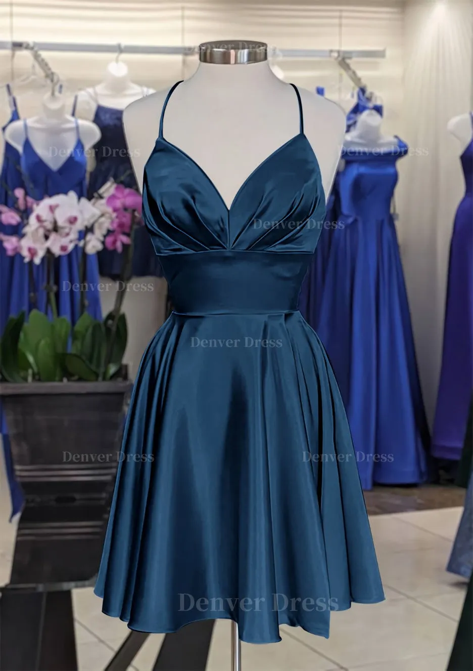 A-line V Neck Sleeveless Short/Mini Charmeuse Homecoming Dress with Pleated