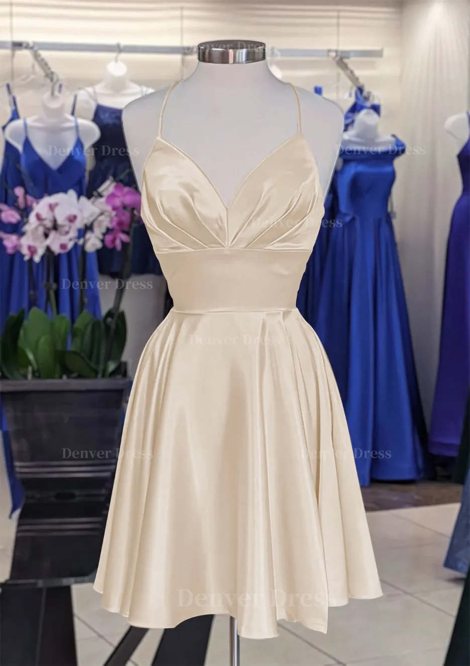 A-line V Neck Sleeveless Short/Mini Charmeuse Homecoming Dress with Pleated