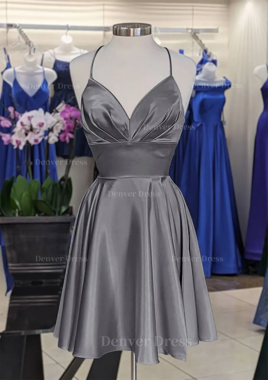 A-line V Neck Sleeveless Short/Mini Charmeuse Homecoming Dress with Pleated