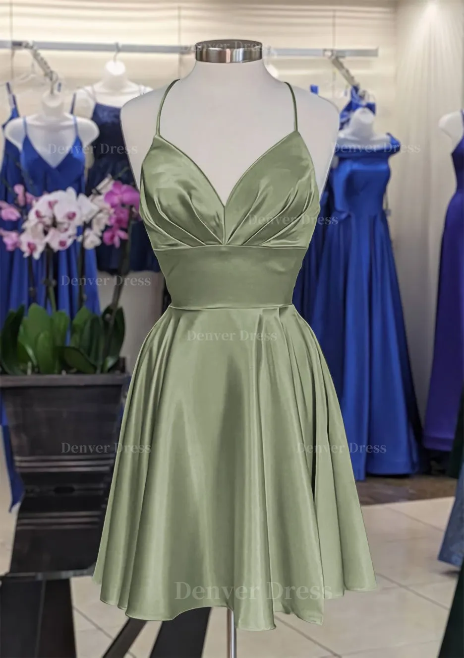 A-line V Neck Sleeveless Short/Mini Charmeuse Homecoming Dress with Pleated