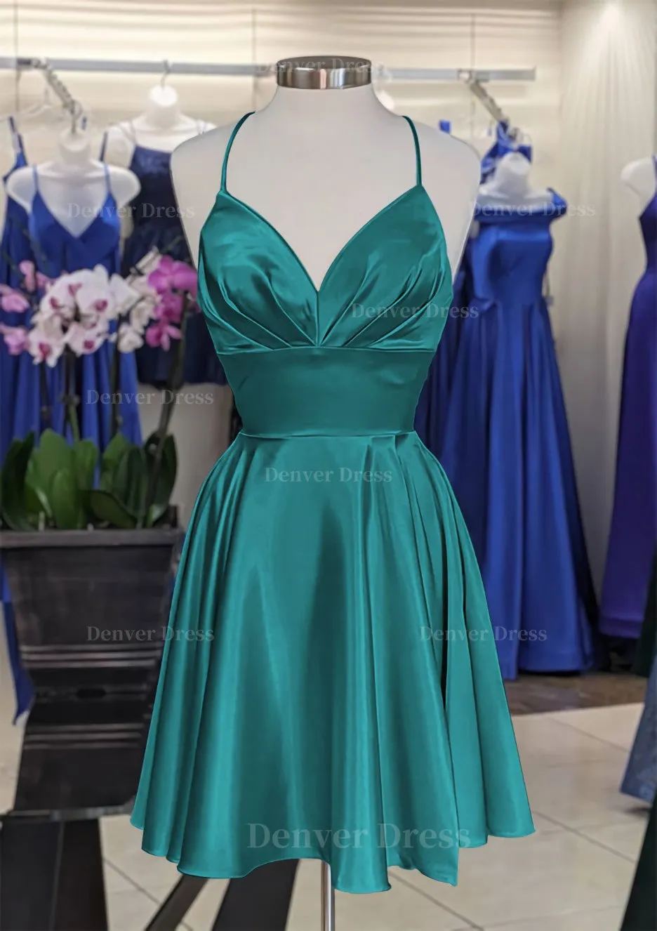 A-line V Neck Sleeveless Short/Mini Charmeuse Homecoming Dress with Pleated